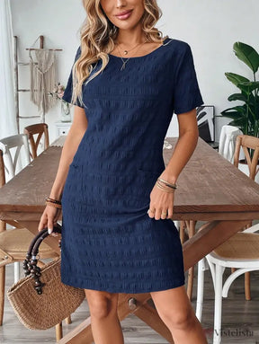 Vestido Curto Casual Texturizado Com Bolsos