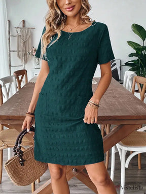 Vestido Curto Casual Texturizado Com Bolsos