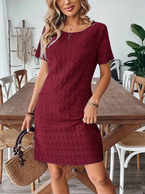 Vestido Curto Casual Texturizado Com Bolsos