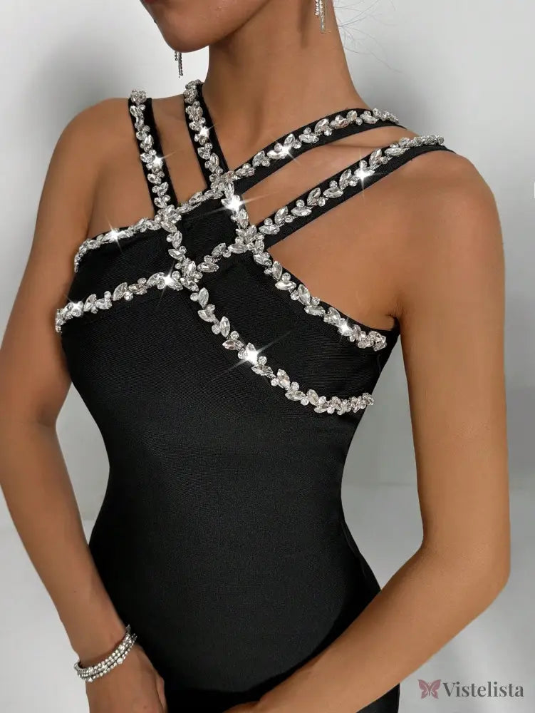 Vestido Curto Com Alças Cruzadas E Pedraria Brilhante