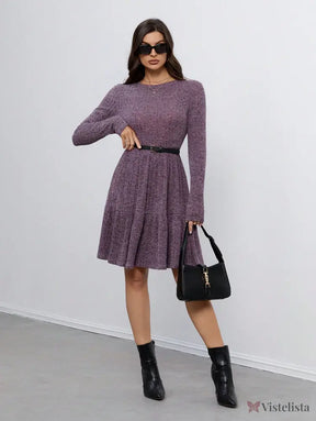 Vestido Curto De Manga Longa Com Cinto E Saia Rodada