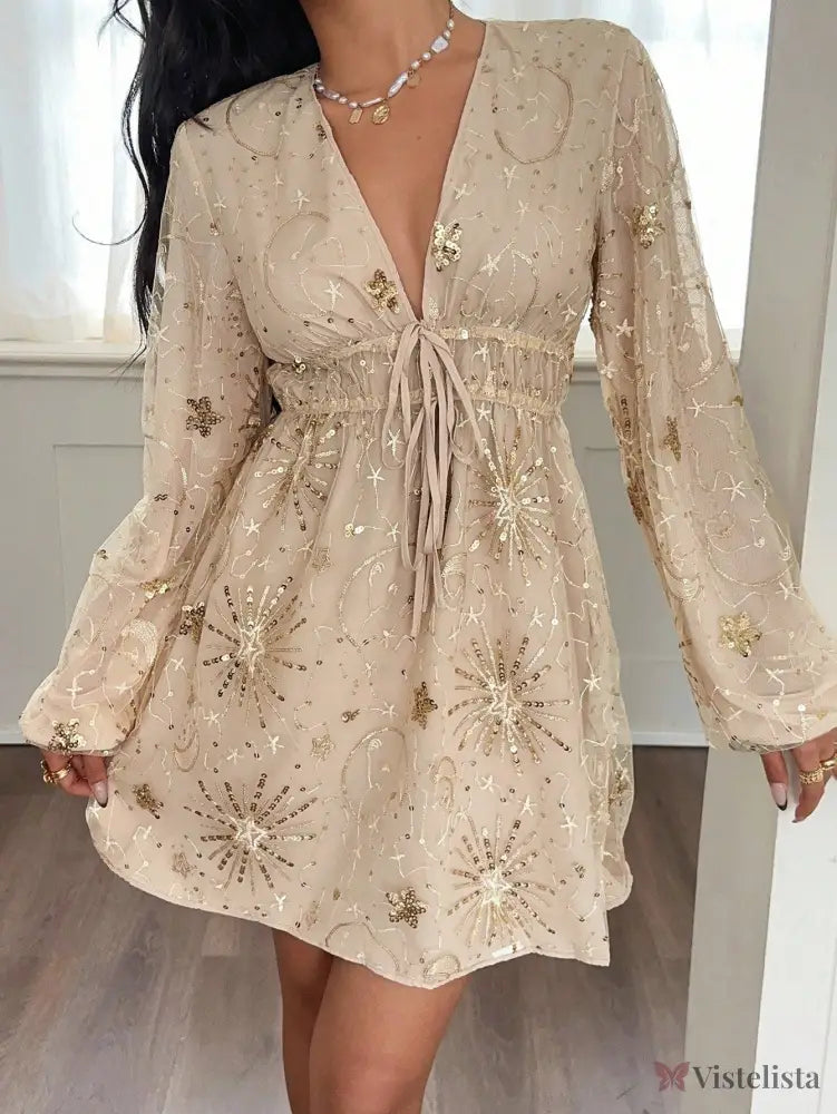 Vestido Curto Decote V Com Manga Longa E Bordado Brilhante