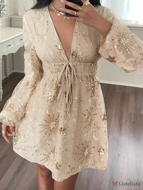 Vestido Curto Decote V Com Manga Longa E Bordado Brilhante