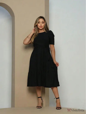 Vestido Midi Evasê Elegante Com Cinto E Babado Na Barra