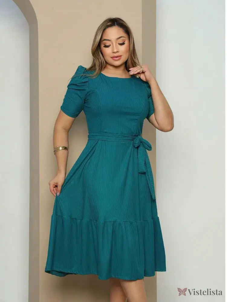 Vestido Midi Evasê Elegante Com Cinto E Babado Na Barra