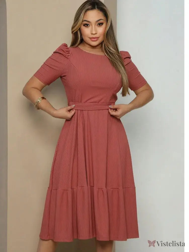 Vestido Midi Evasê Elegante Com Cinto E Babado Na Barra