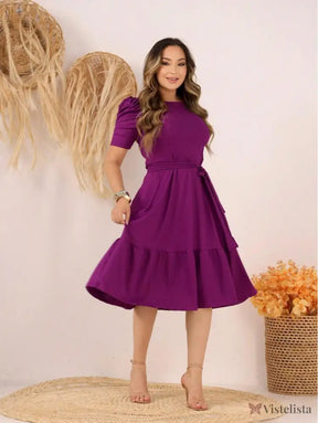 Vestido Midi Evasê Elegante Com Cinto E Babado Na Barra