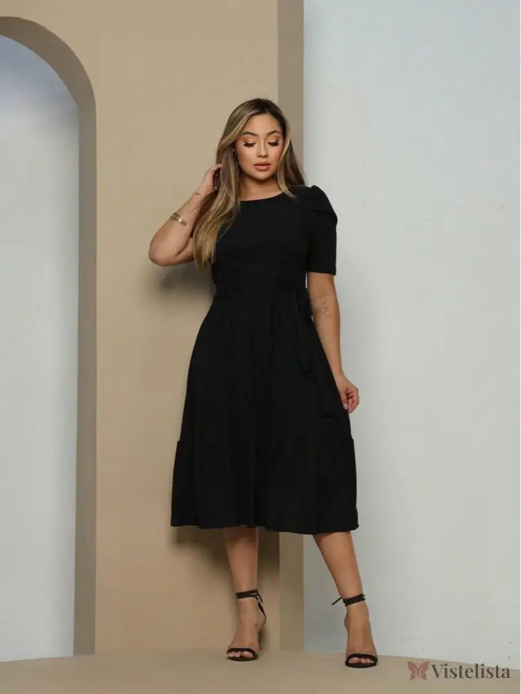 Vestido Midi Evasê Elegante Com Cinto E Babado Na Barra