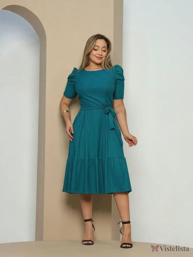 Vestido Midi Evasê Elegante Com Cinto E Babado Na Barra