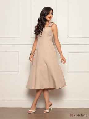 Vestido Midi Evasê Elegante Com Laço No Ombro