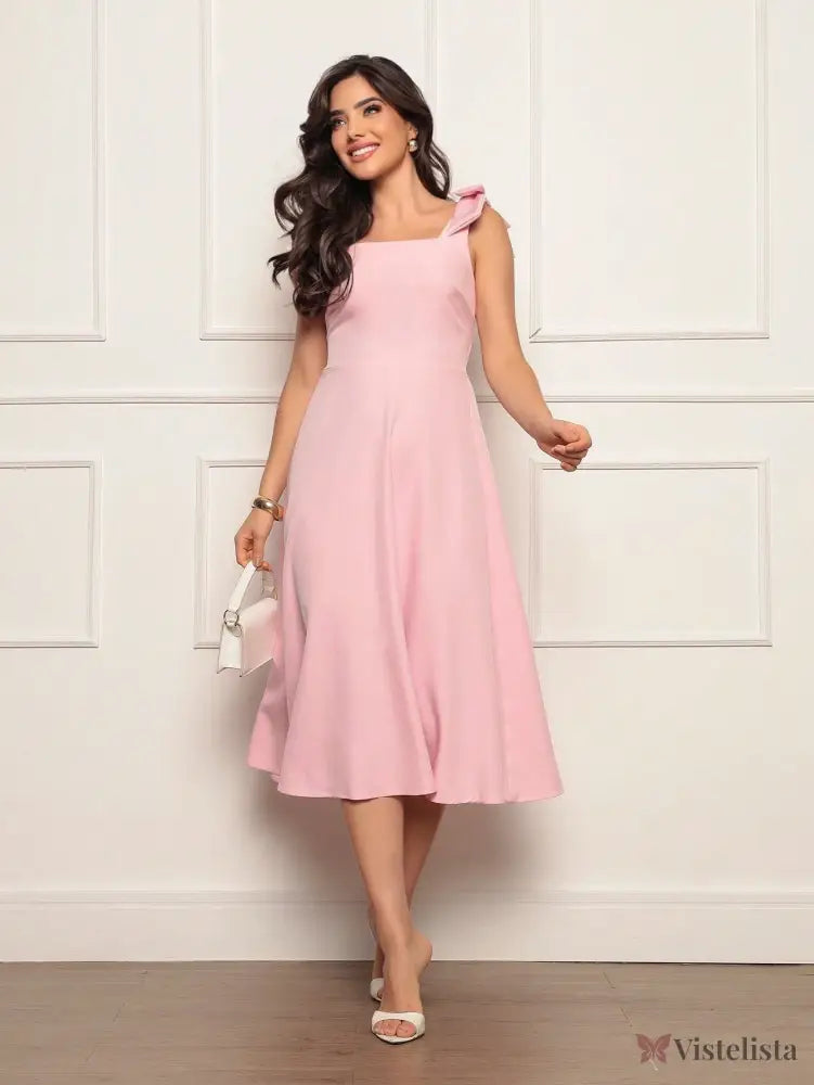 Vestido Midi Evasê Elegante Com Laço No Ombro