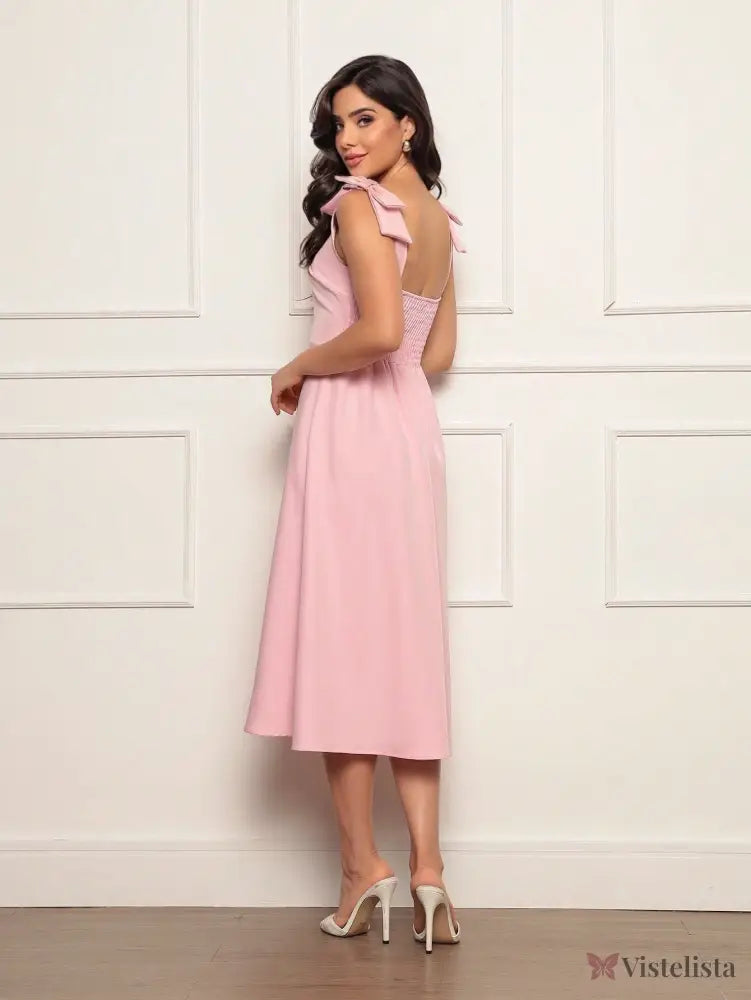 Vestido Midi Evasê Elegante Com Laço No Ombro