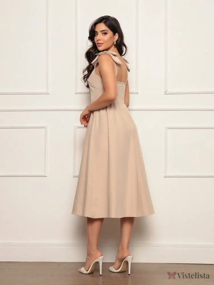 Vestido Midi Evasê Elegante Com Laço No Ombro