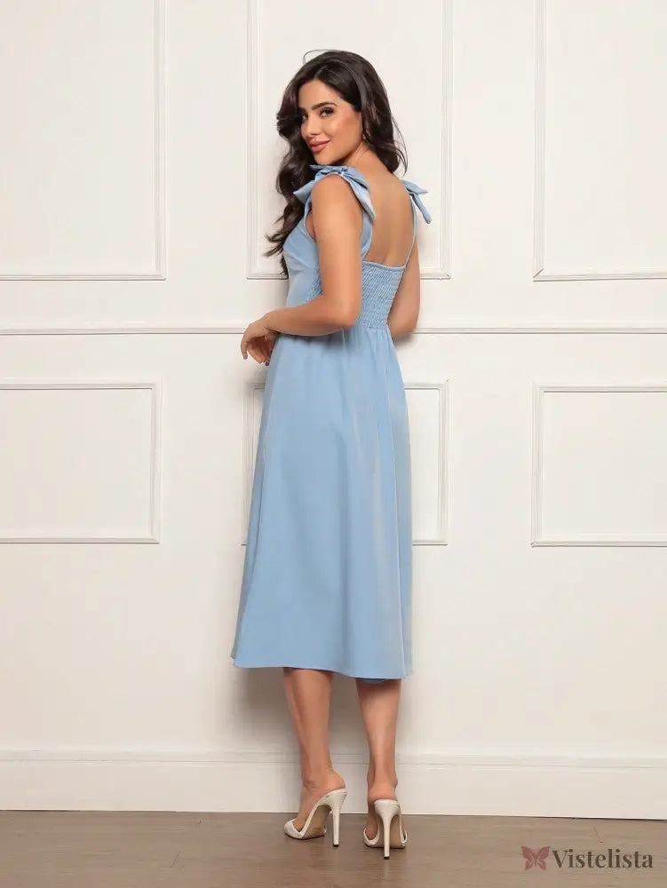 Vestido Midi Evasê Elegante Com Laço No Ombro