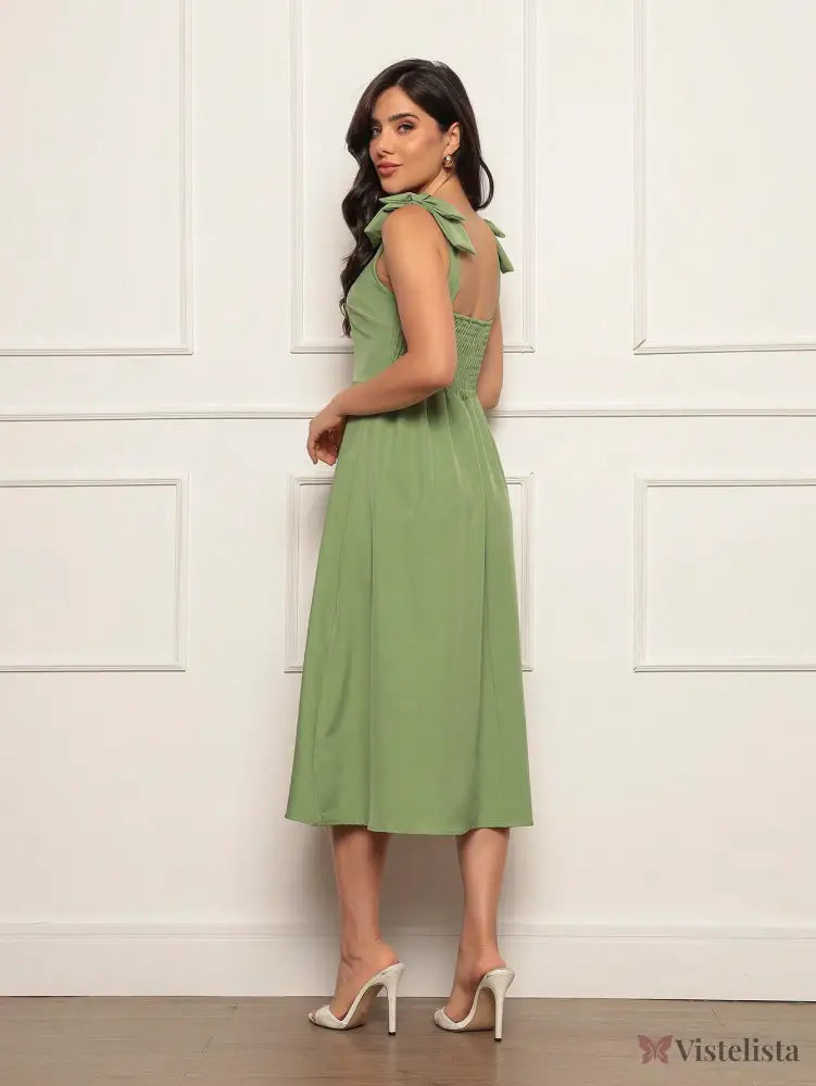 Vestido Midi Evasê Elegante Com Laço No Ombro