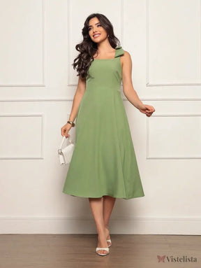 Vestido Midi Evasê Elegante Com Laço No Ombro