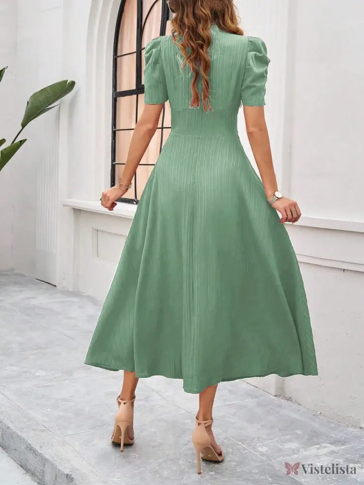 Vestido Midi Evasê Elegante Com Manga Bufante