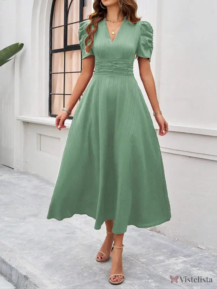 Vestido Midi Evasê Elegante Com Manga Bufante