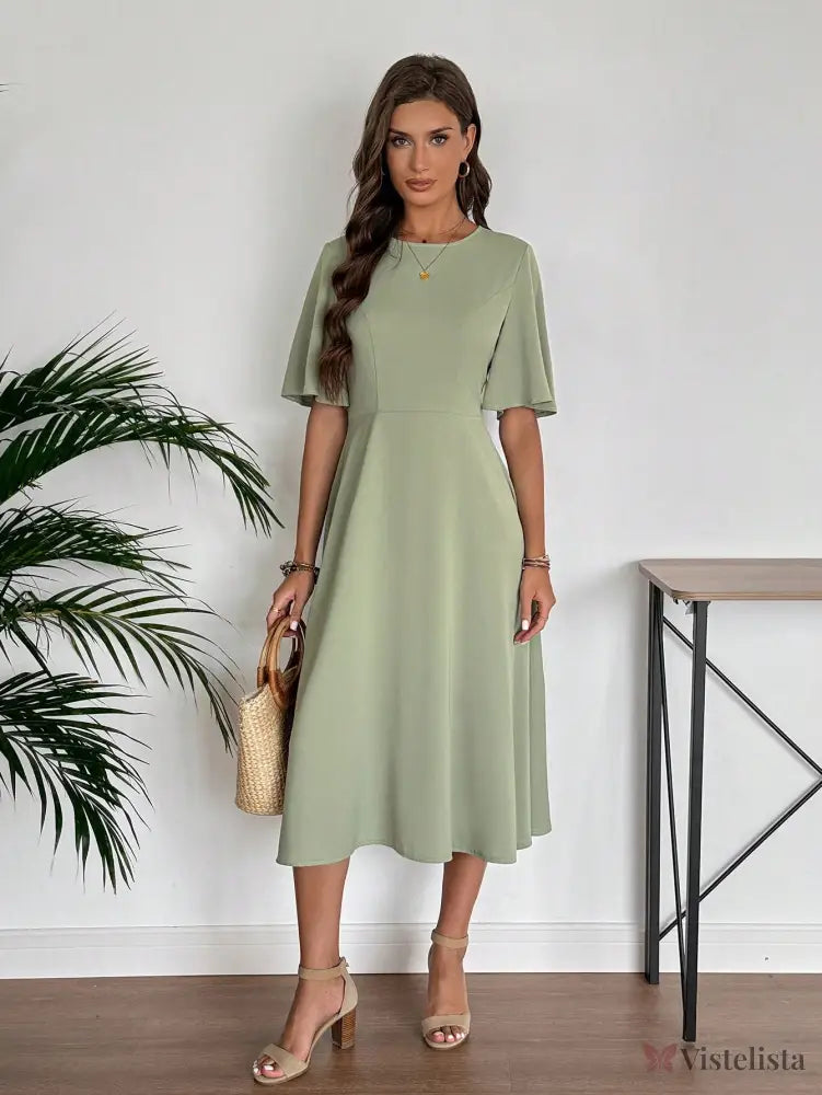 Vestido Midi Evasê Elegante Com Manga Flare