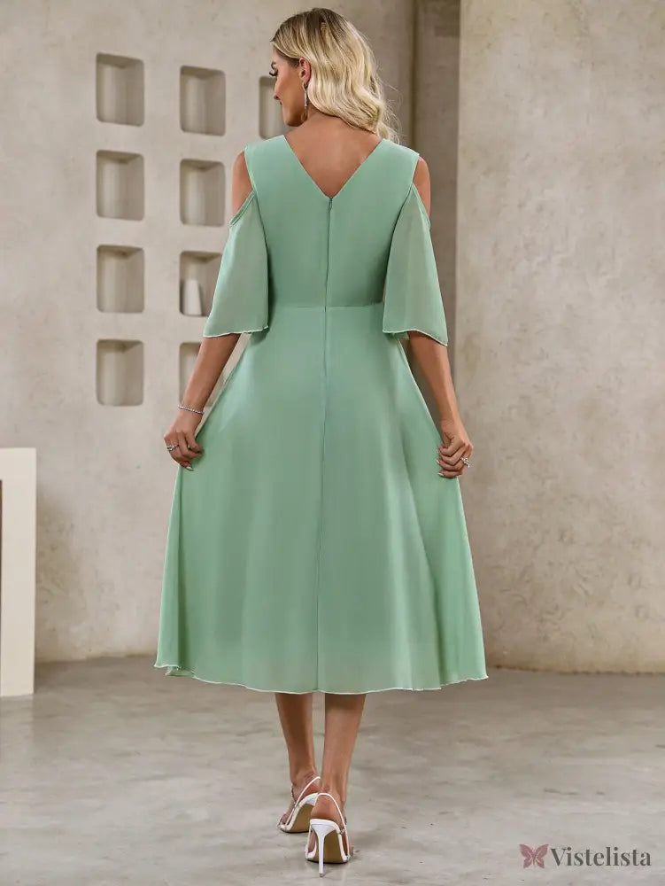 Vestido Midi Evasê Elegante Com Manga Vazado Ombro