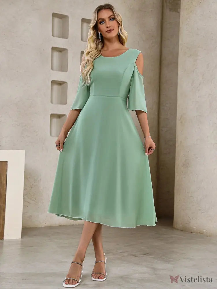 Vestido Midi Evasê Elegante Com Manga Vazado Ombro