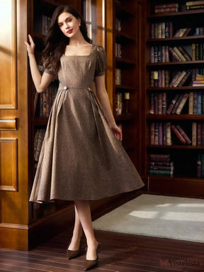 Vestido Midi Evasê Elegante Decote Reto Com Manga Bufante