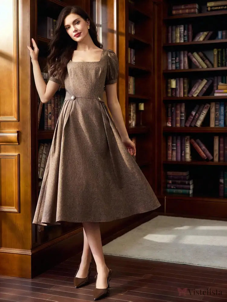 Vestido Midi Evasê Elegante Decote Reto Com Manga Bufante