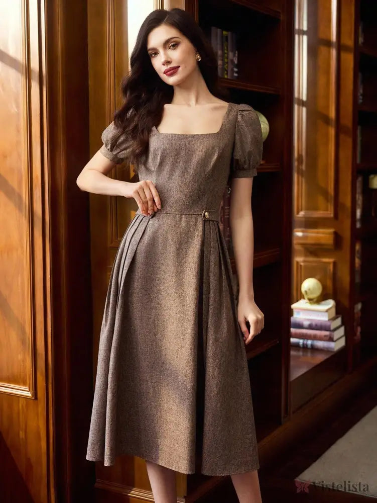 Vestido Midi Evasê Elegante Decote Reto Com Manga Bufante