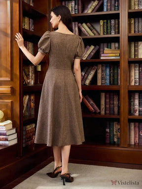 Vestido Midi Evasê Elegante Decote Reto Com Manga Bufante