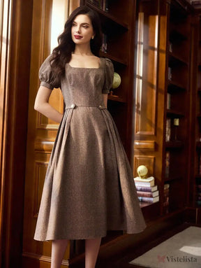 Vestido Midi Evasê Elegante Decote Reto Com Manga Bufante