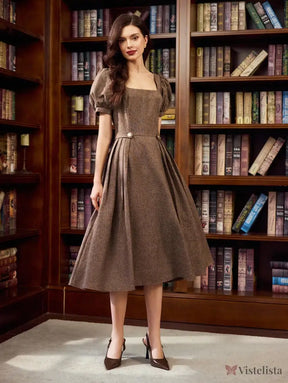 Vestido Midi Evasê Elegante Decote Reto Com Manga Bufante