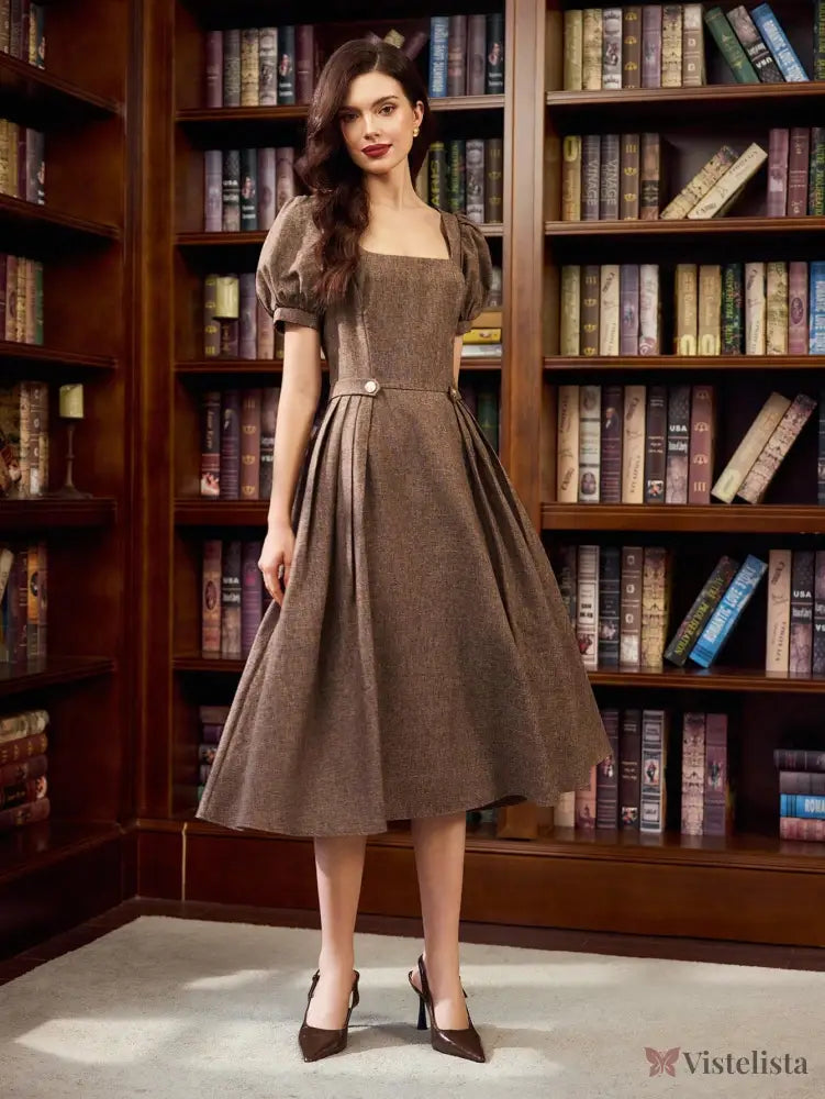 Vestido Midi Evasê Elegante Decote Reto Com Manga Bufante