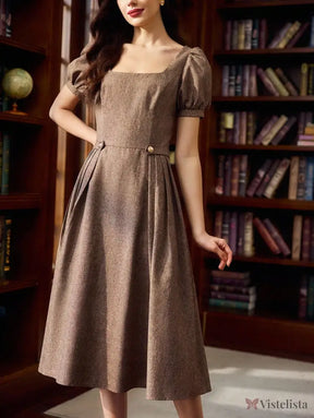 Vestido Midi Evasê Elegante Decote Reto Com Manga Bufante