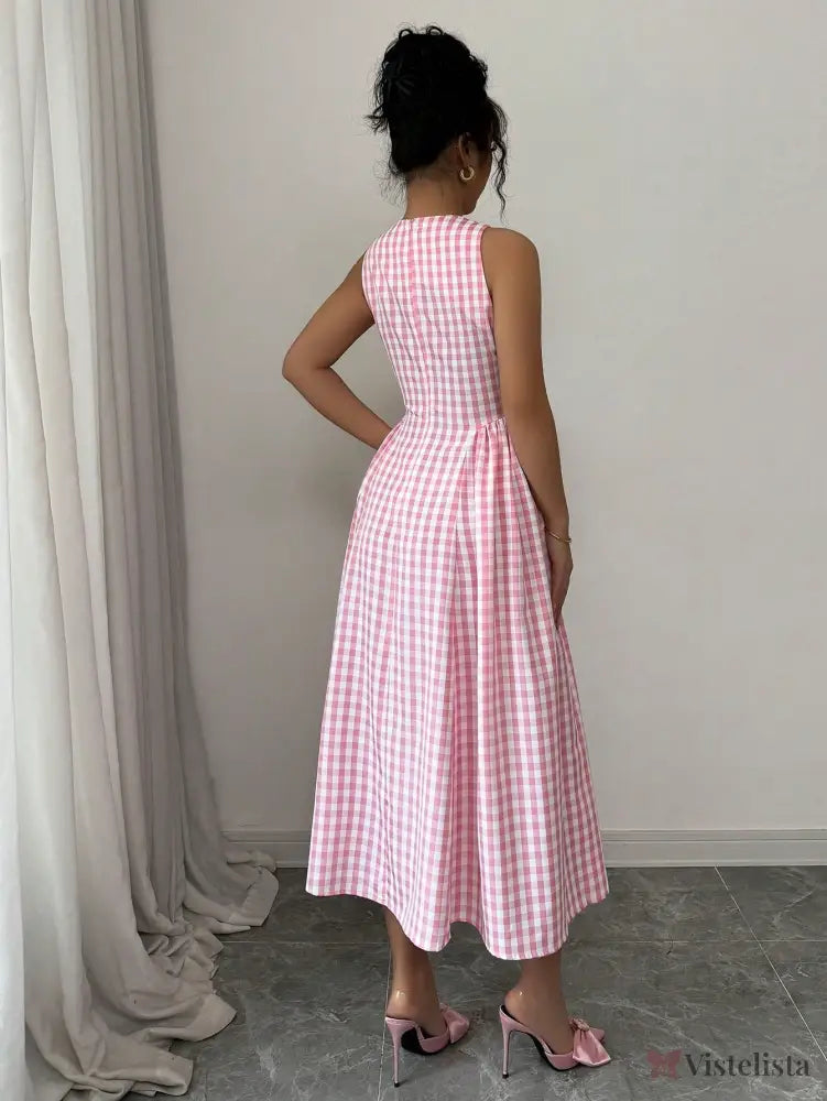 Vestido Midi Evasê Estampado Xadrez Vichy