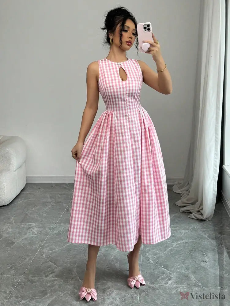 Vestido Midi Evasê Estampado Xadrez Vichy