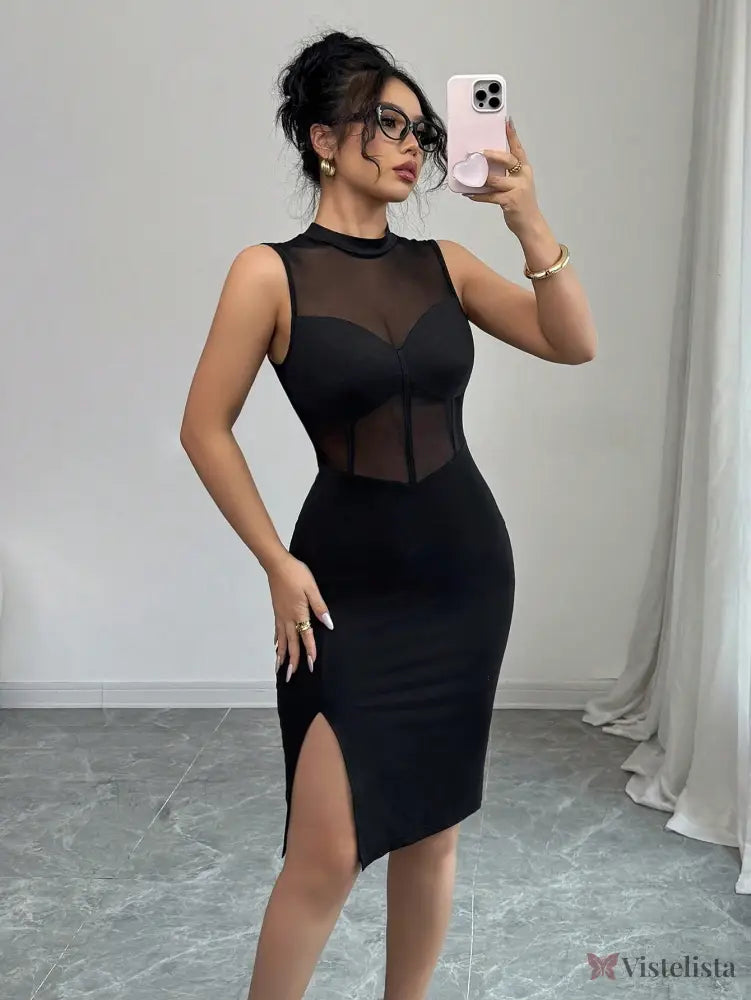 Vestido Midi Justo Com Tule Transparente E Fenda Lateral