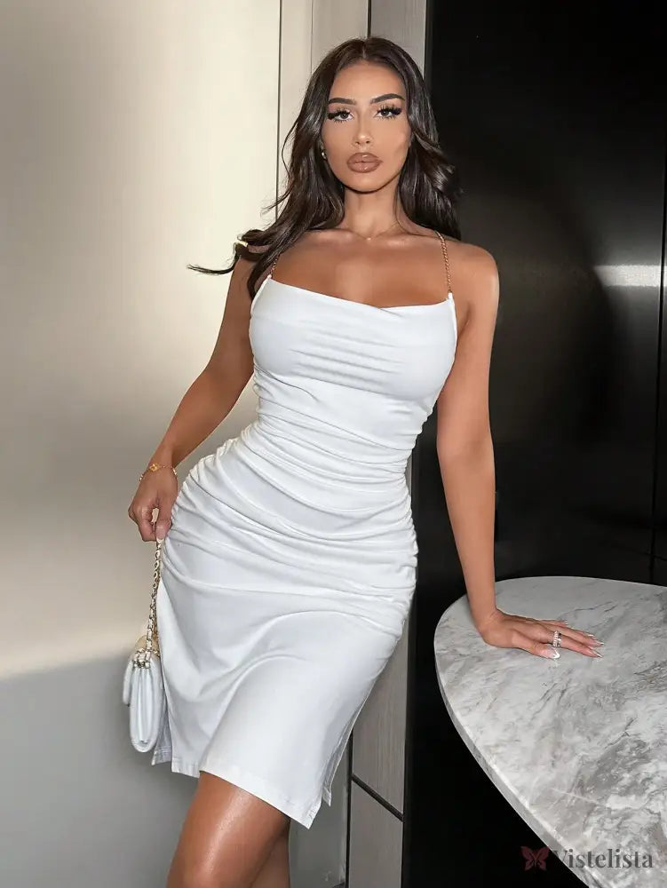 Vestido Midi Justo Elegante Alças Corrente Com Drapeado
