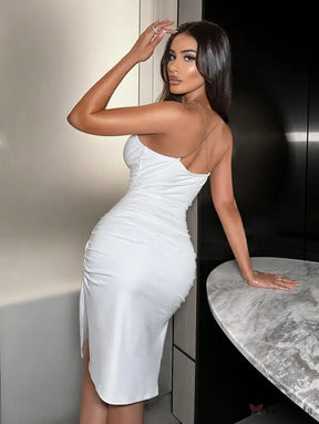 Vestido Midi Justo Elegante Alças Corrente Com Drapeado