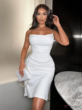 Vestido Midi Justo Elegante Alças Corrente Com Drapeado