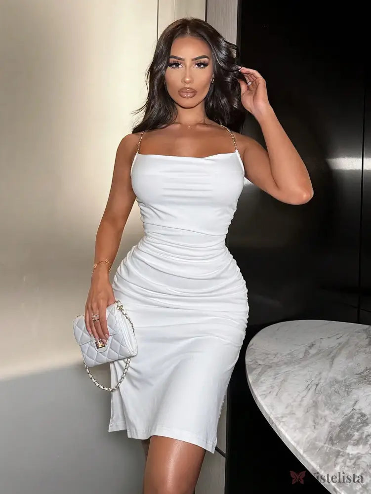 Vestido Midi Justo Elegante Alças Corrente Com Drapeado