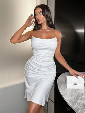 Vestido Midi Justo Elegante Alças Corrente Com Drapeado