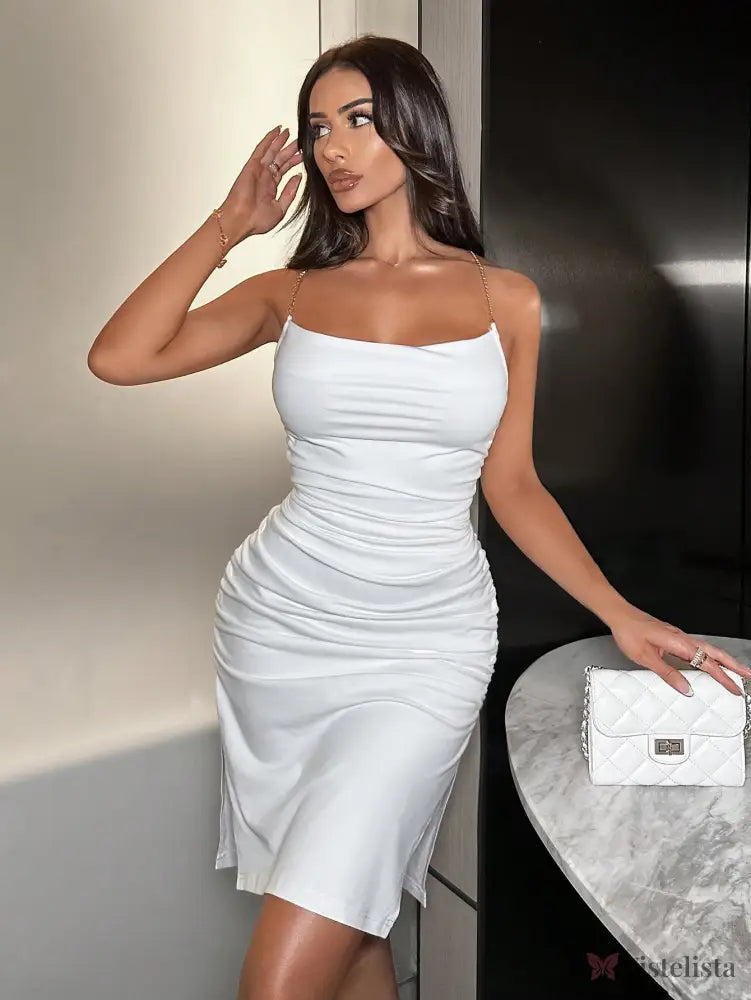 Vestido Midi Justo Elegante Alças Corrente Com Drapeado
