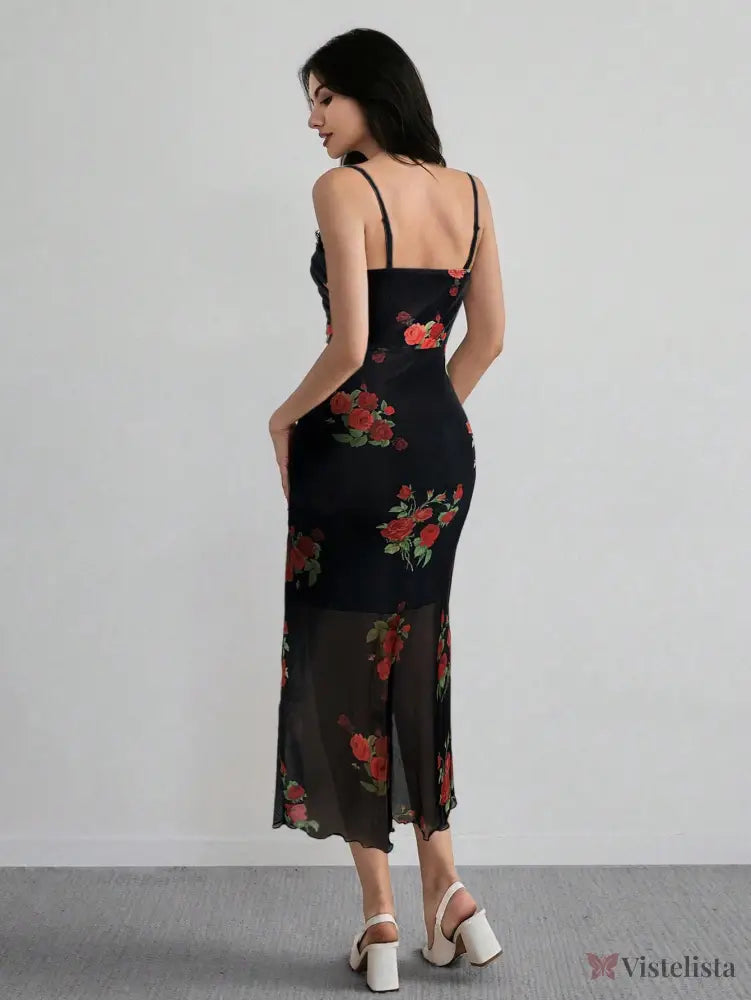Vestido Midi Justo Floral Com Alças Finas Elegante
