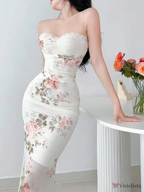 Vestido Midi Justo Floral Com Alças Finas Elegante