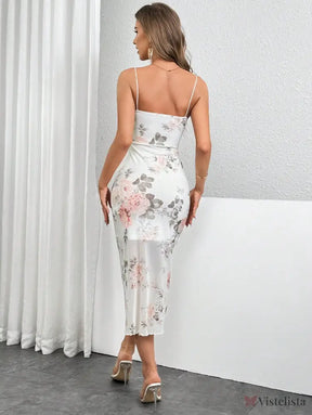 Vestido Midi Justo Floral Com Alças Finas Elegante