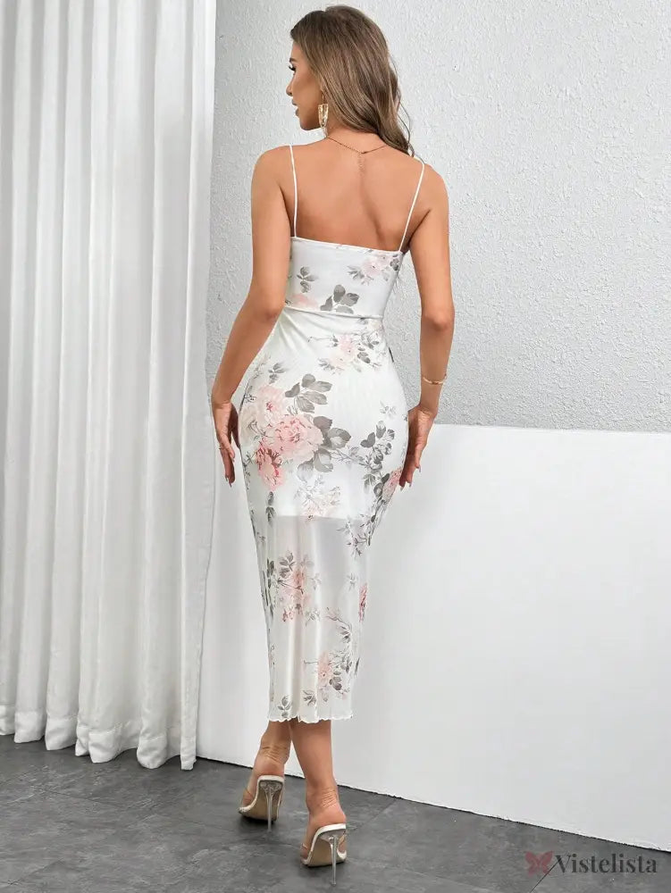Vestido Midi Justo Floral Com Alças Finas Elegante