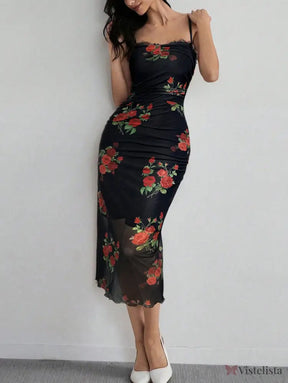 Vestido Midi Justo Floral Com Alças Finas Elegante
