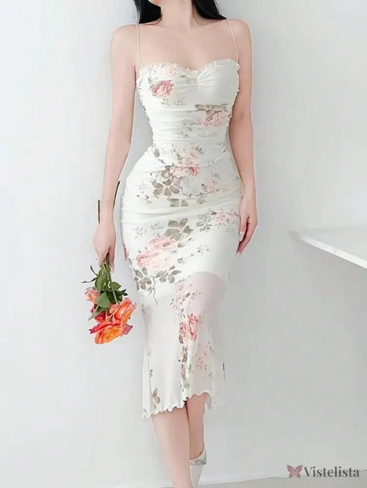 Vestido Midi Justo Floral Com Alças Finas Elegante
