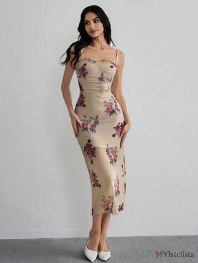 Vestido Midi Justo Floral Com Alças Finas Elegante