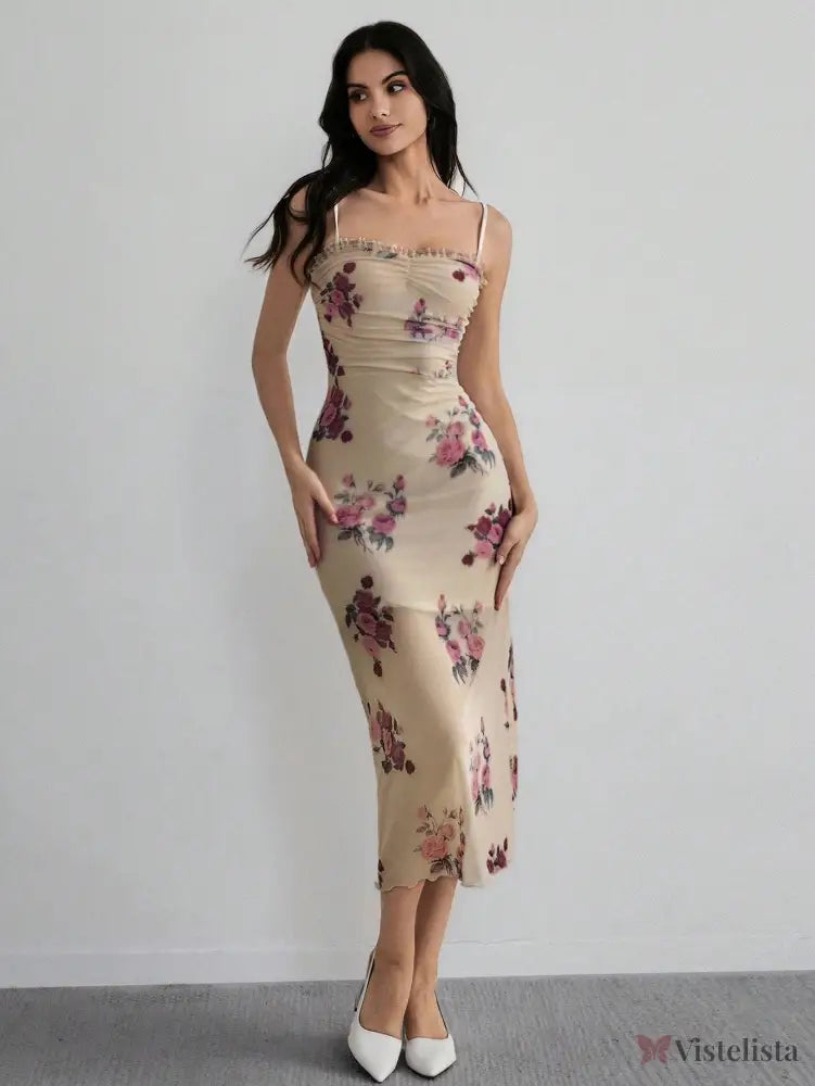 Vestido Midi Justo Floral Com Alças Finas Elegante